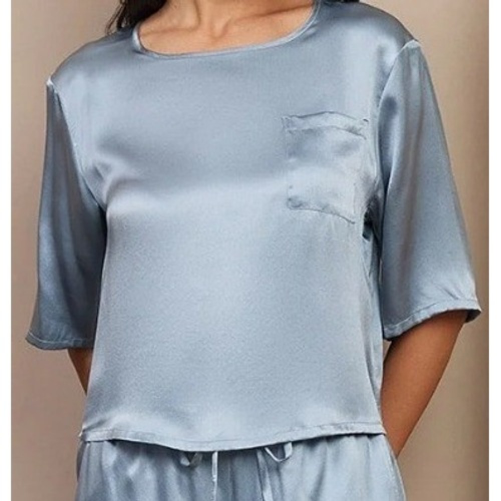 SilkSilky 100% Silk Pajama Top XL Blue Short Sleeve Satin Sleep Shirt NWT